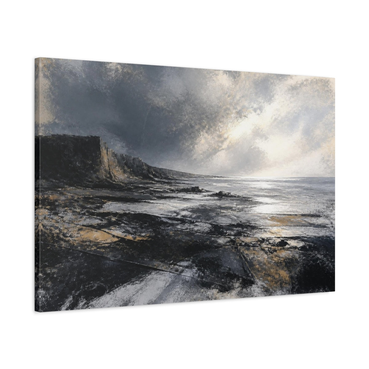 Main Mockup. Luminous Steel Shoreline shown as canvas print