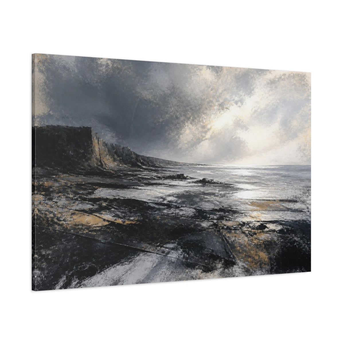 Side Mockup 1. Luminous Steel Shoreline shown as canvas print