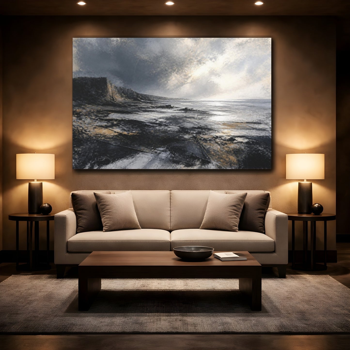 Mockup 2. Luminous Steel Shoreline shown as canvas print