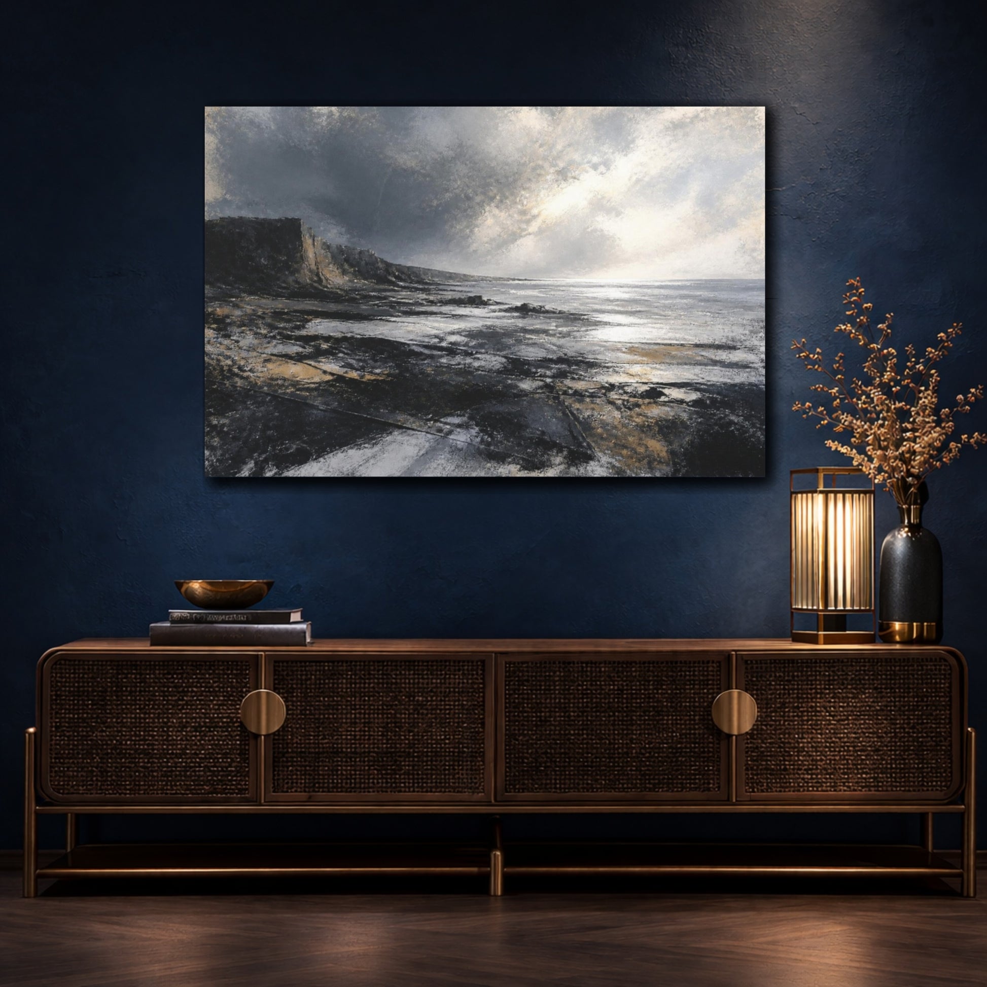 Mockup 4. Luminous Steel Shoreline shown as canvas print
