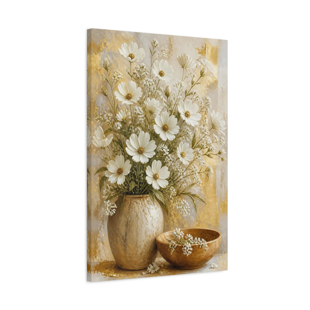 Side Mockup 2. Luminous White Daisy Bouquet shown as canvas print