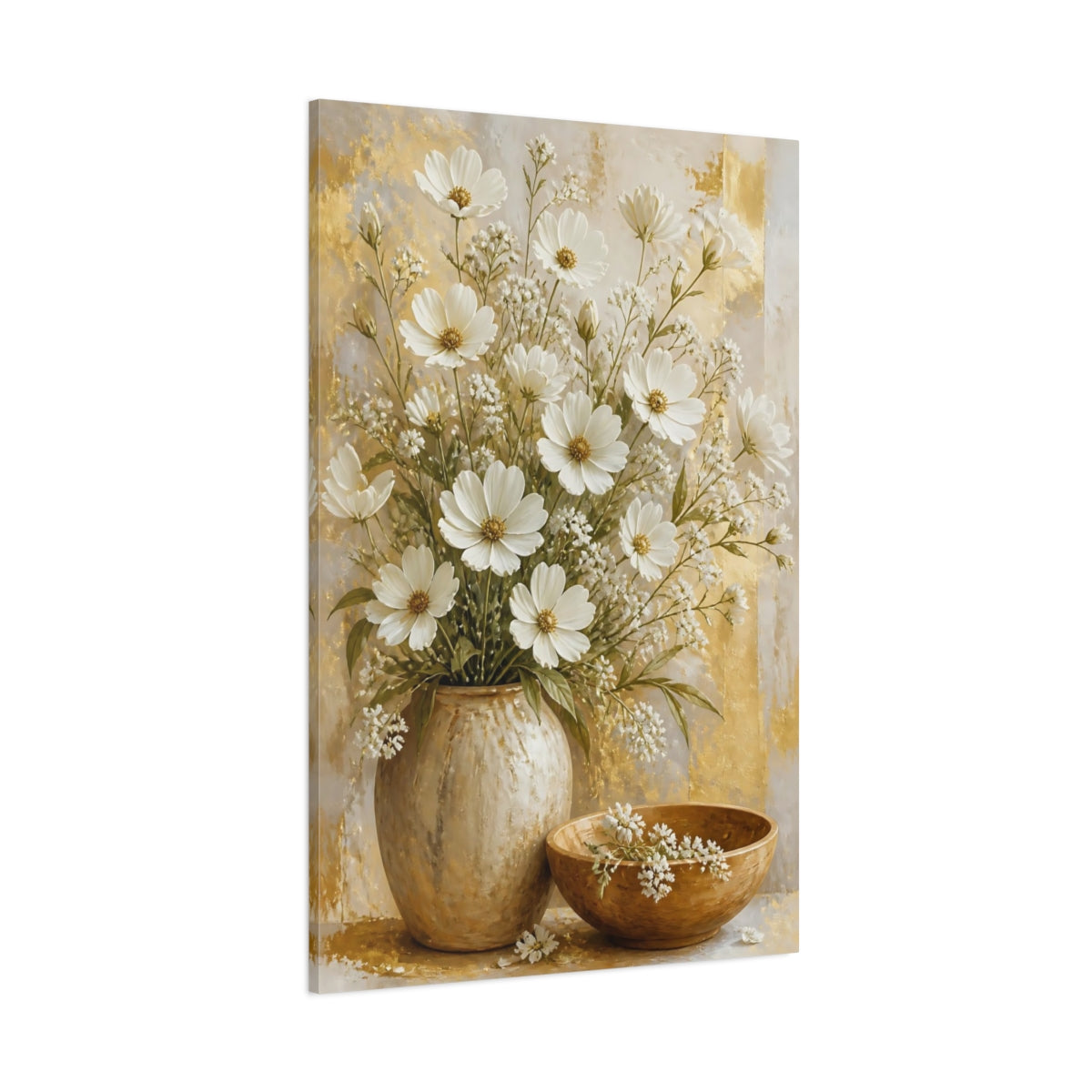 Side Mockup 1. Luminous White Daisy Bouquet shown as canvas print