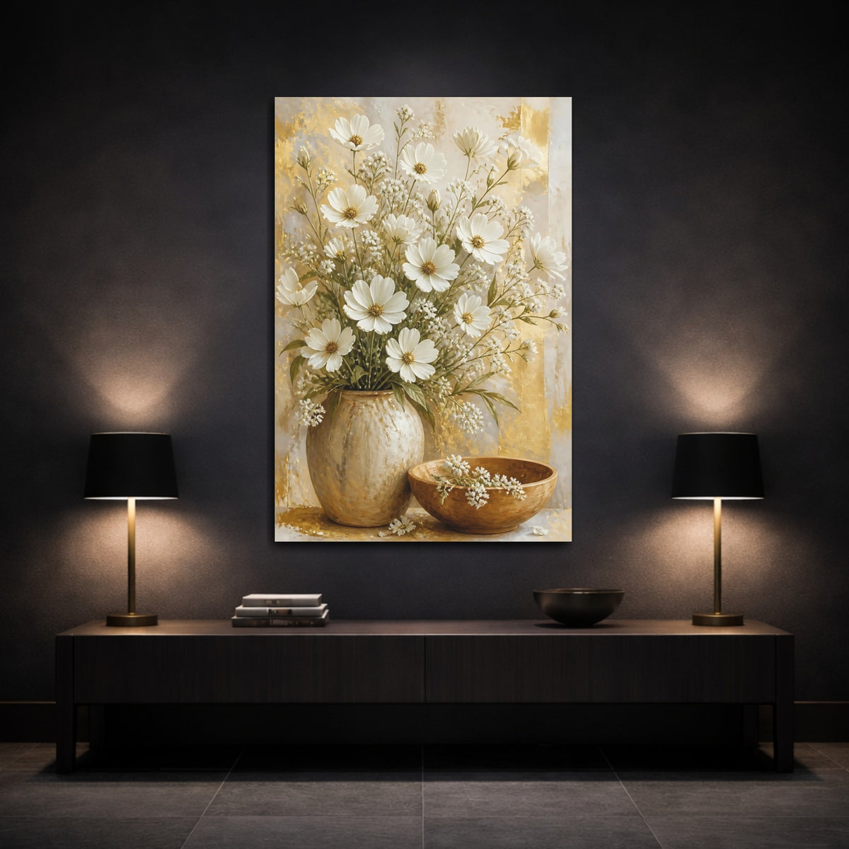 Mockup 3. Luminous White Daisy Bouquet shown as canvas print