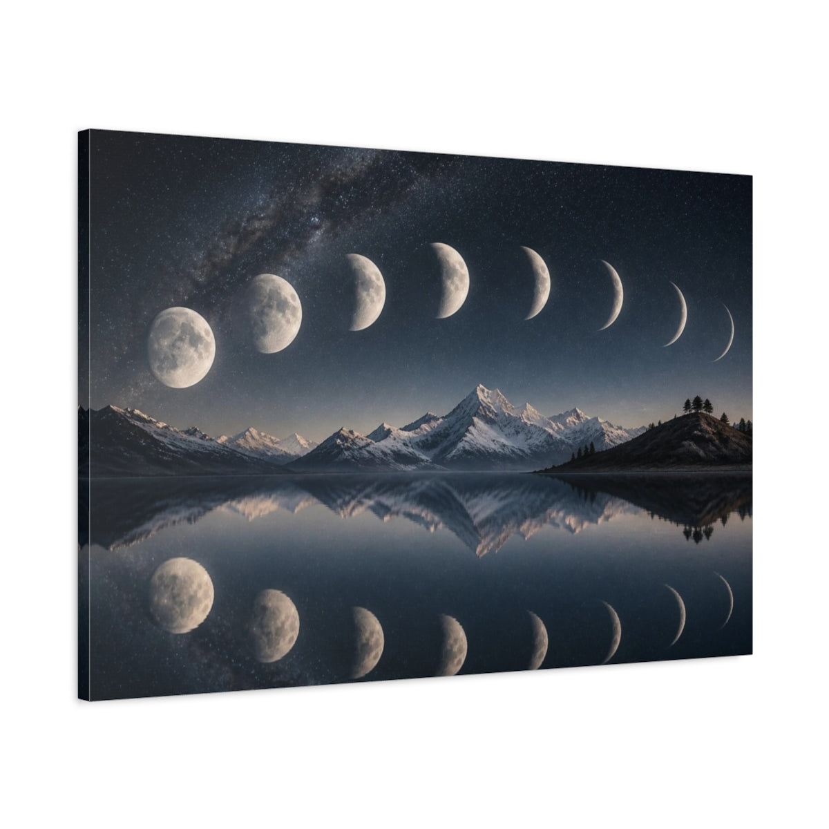 Main Mockup. Lunar Phases Over Mountain Lake shown as canvas print
