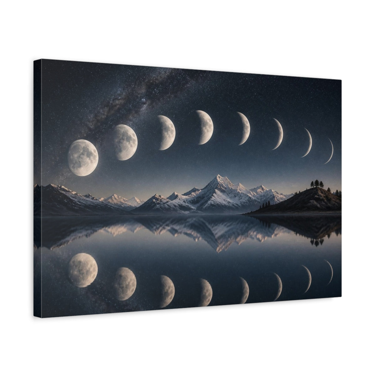 Side Mockup 3. Lunar Phases Over Mountain Lake shown as canvas print
