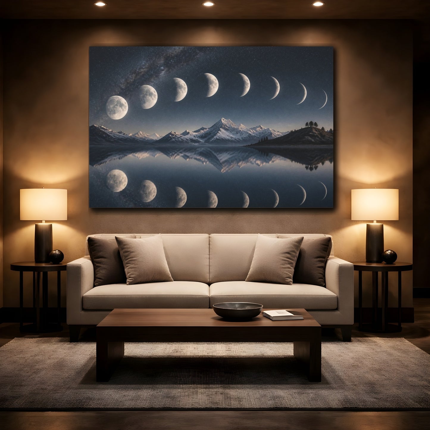 Mockup 2. Lunar Phases Over Mountain Lake shown as canvas print