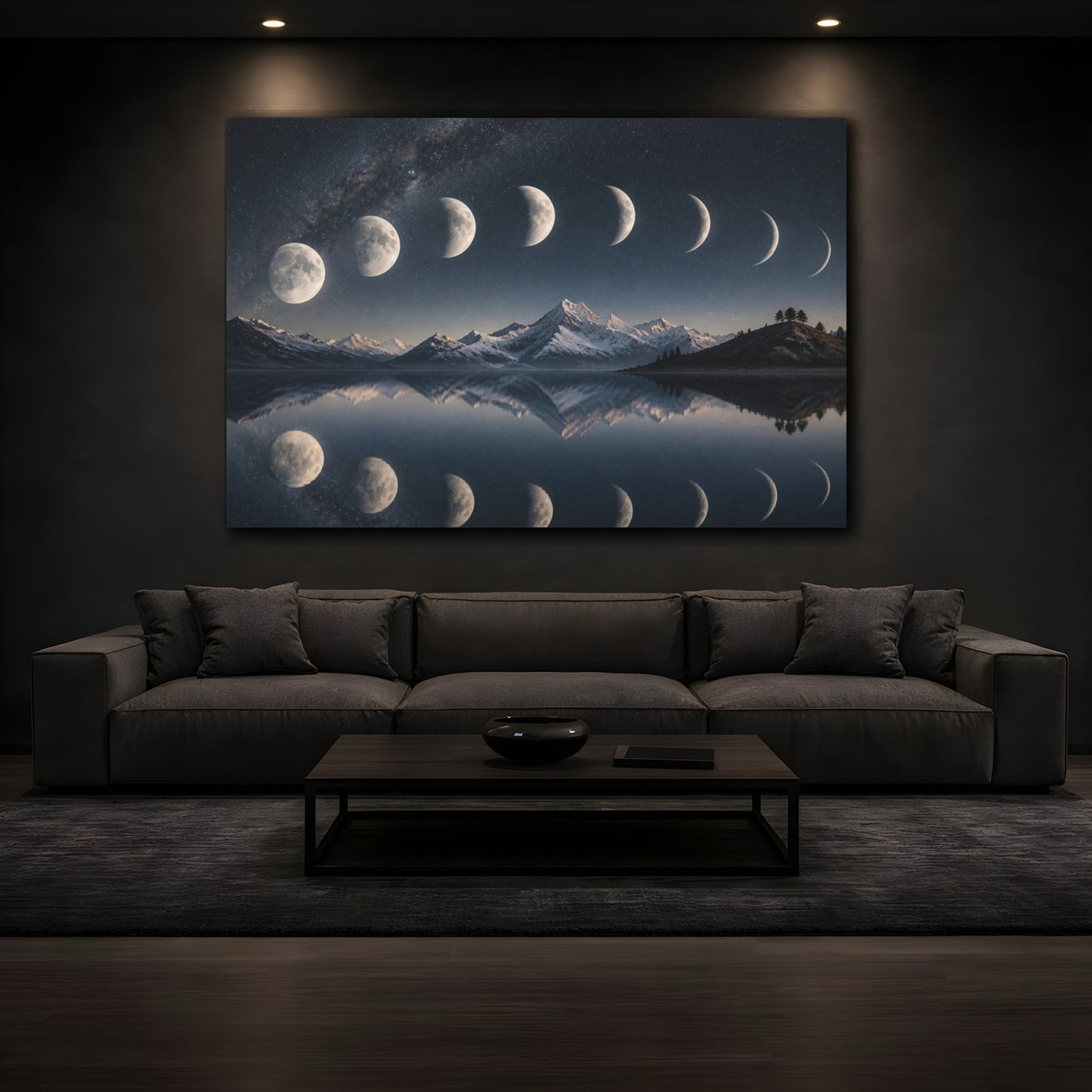 Mockup 3. Lunar Phases Over Mountain Lake shown as canvas print