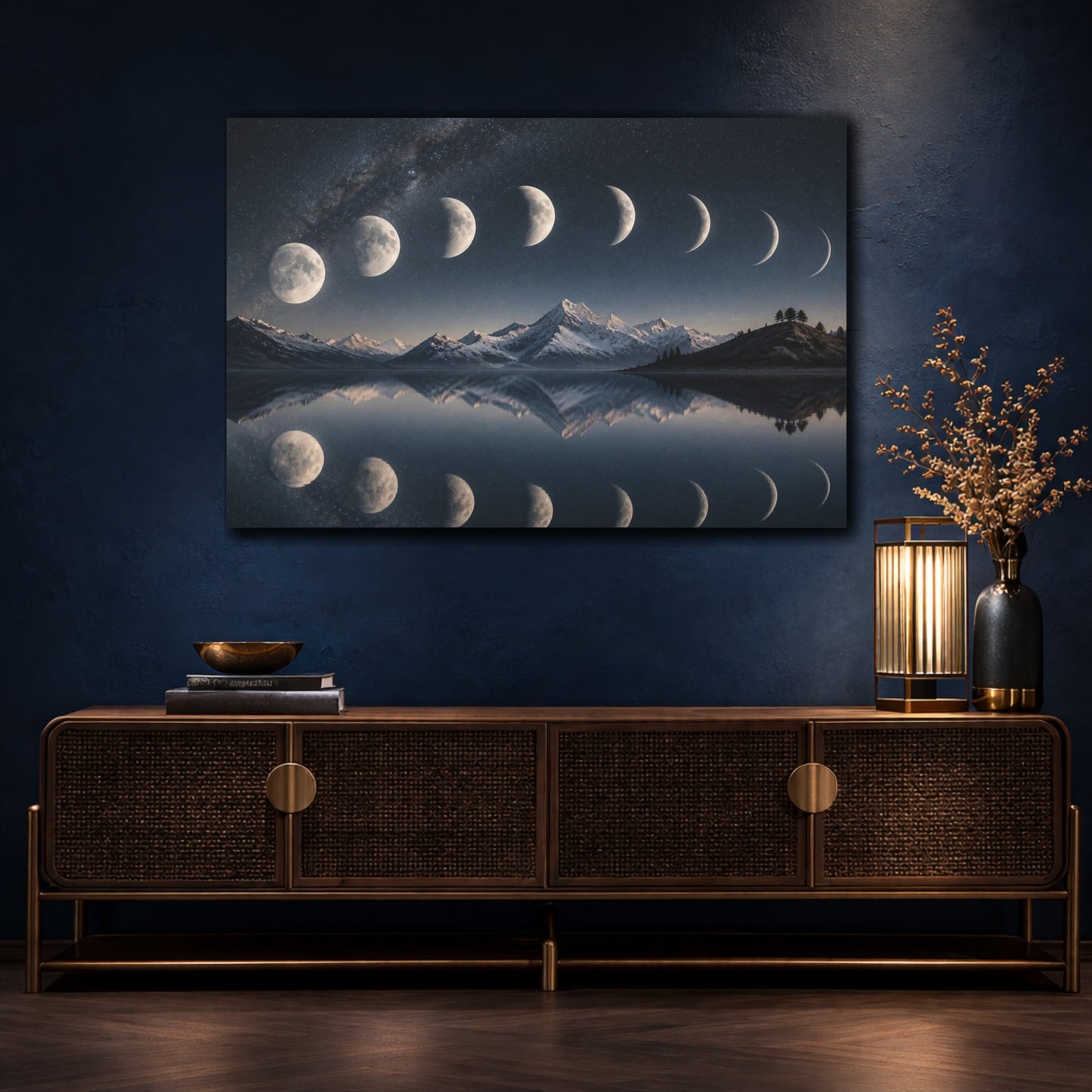 Mockup 4. Lunar Phases Over Mountain Lake shown as canvas print