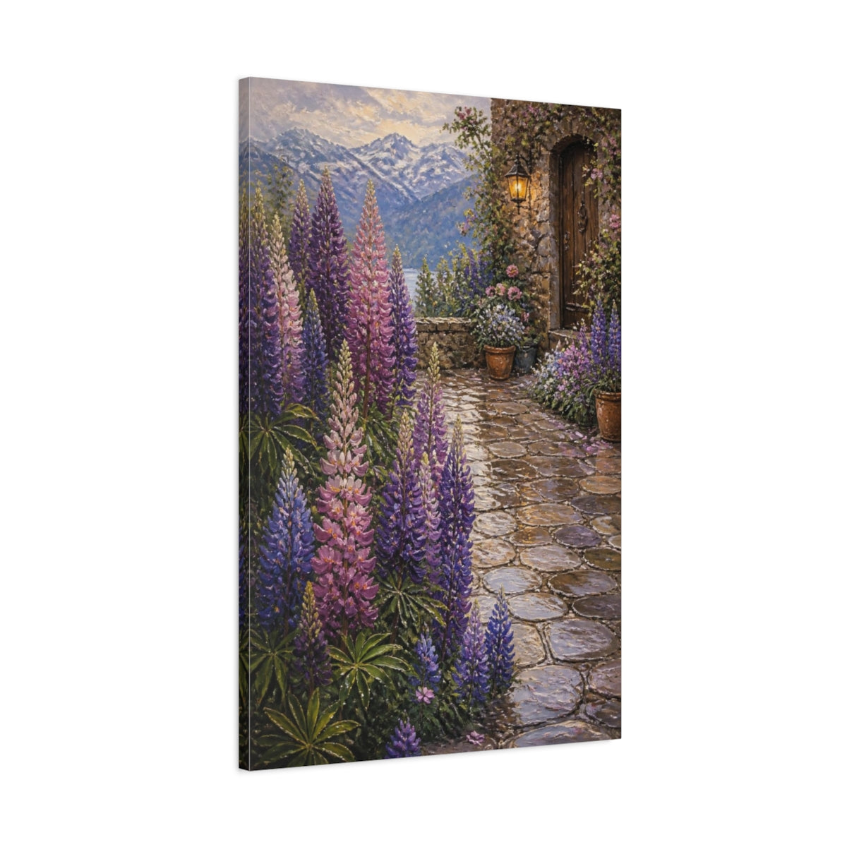 Main Mockup. Lupine Flowers Courtyard shown as canvas print