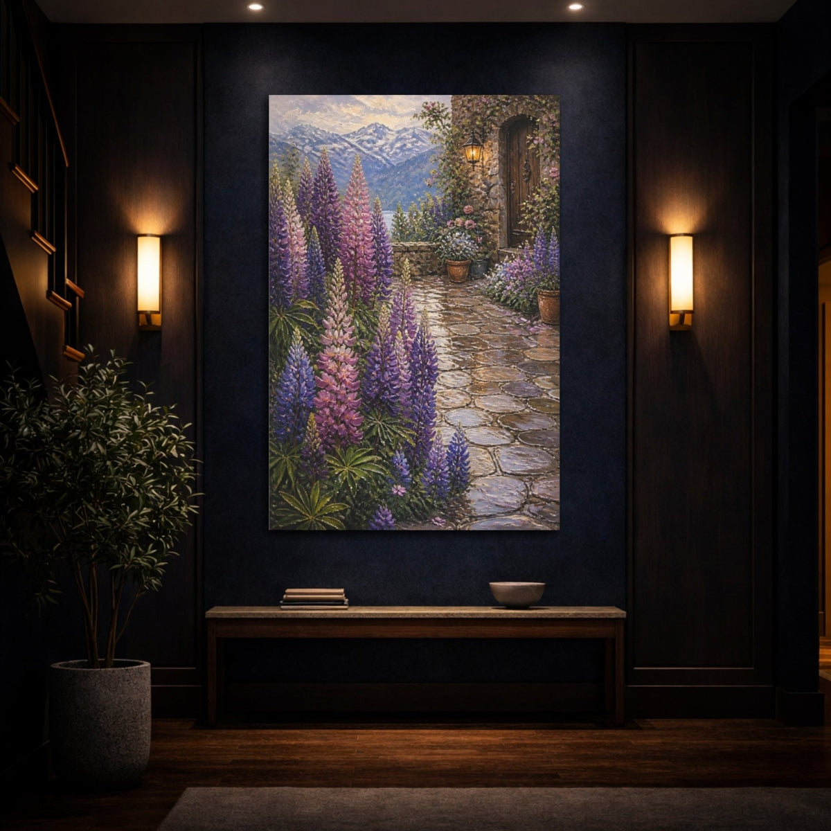 Lupine Flowers Courtyard Canvas Print – Living Room, Above Console Table - YesArtYes
