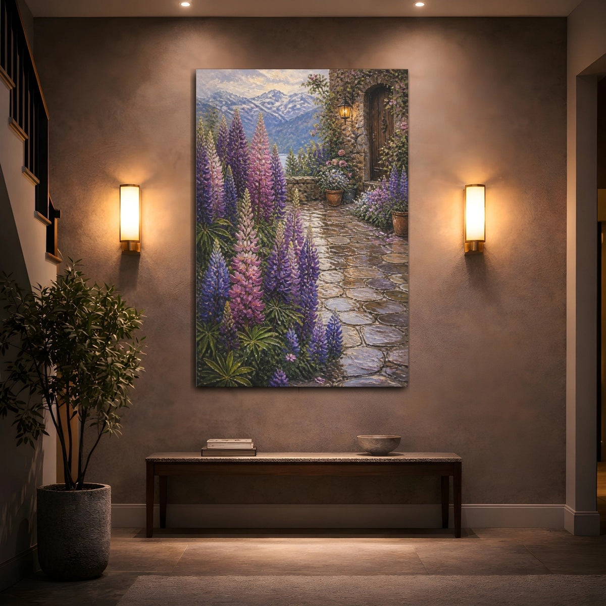 Lupine Flowers Courtyard Canvas Print – Living Room, Above Console Table - YesArtYes