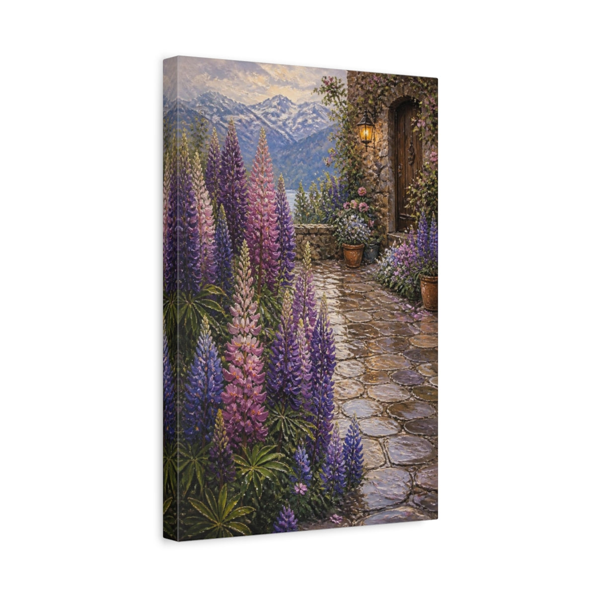 Side Mockup 4. Lupine Flowers Courtyard shown as canvas print