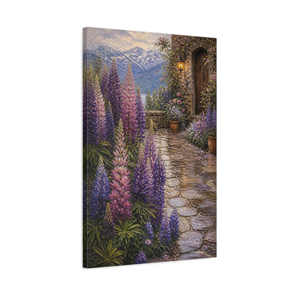 Side Mockup 2. Lupine Flowers Courtyard shown as canvas print