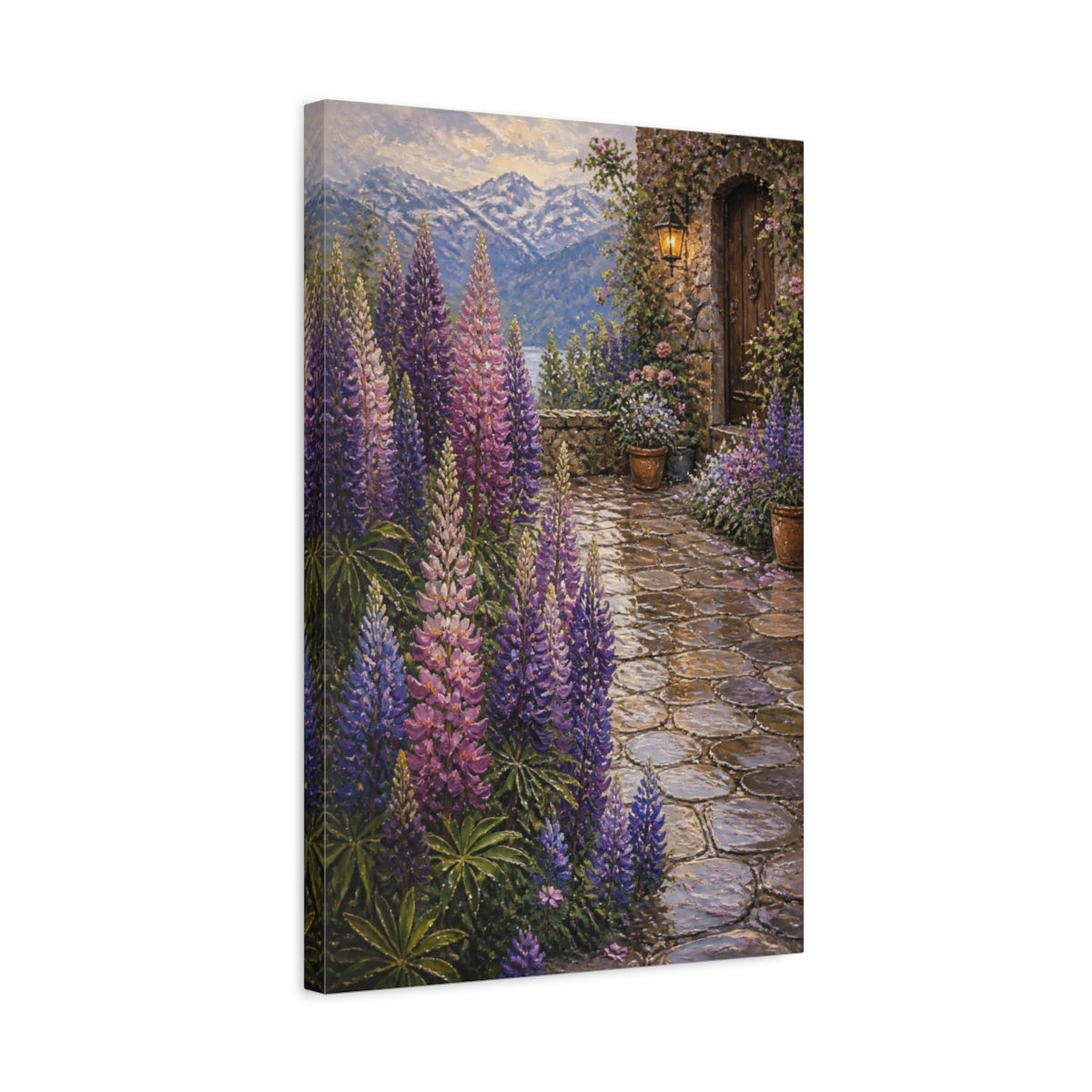 Side Mockup 3. Lupine Flowers Courtyard shown as canvas print
