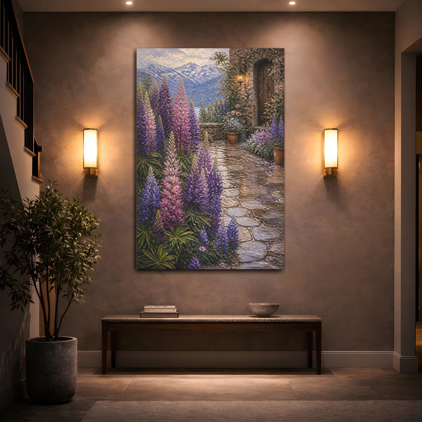 Mockup 2. Lupine Flowers Courtyard shown as canvas print