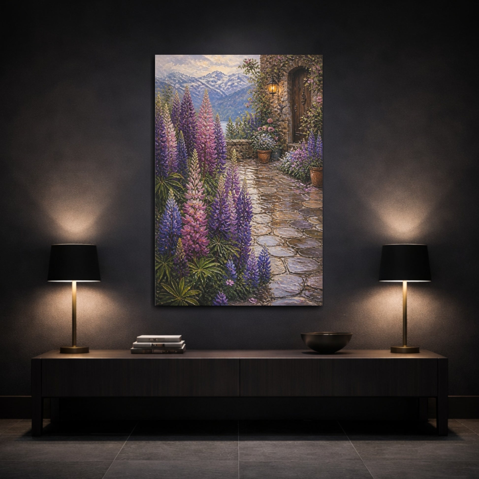 Mockup 3. Lupine Flowers Courtyard shown as canvas print