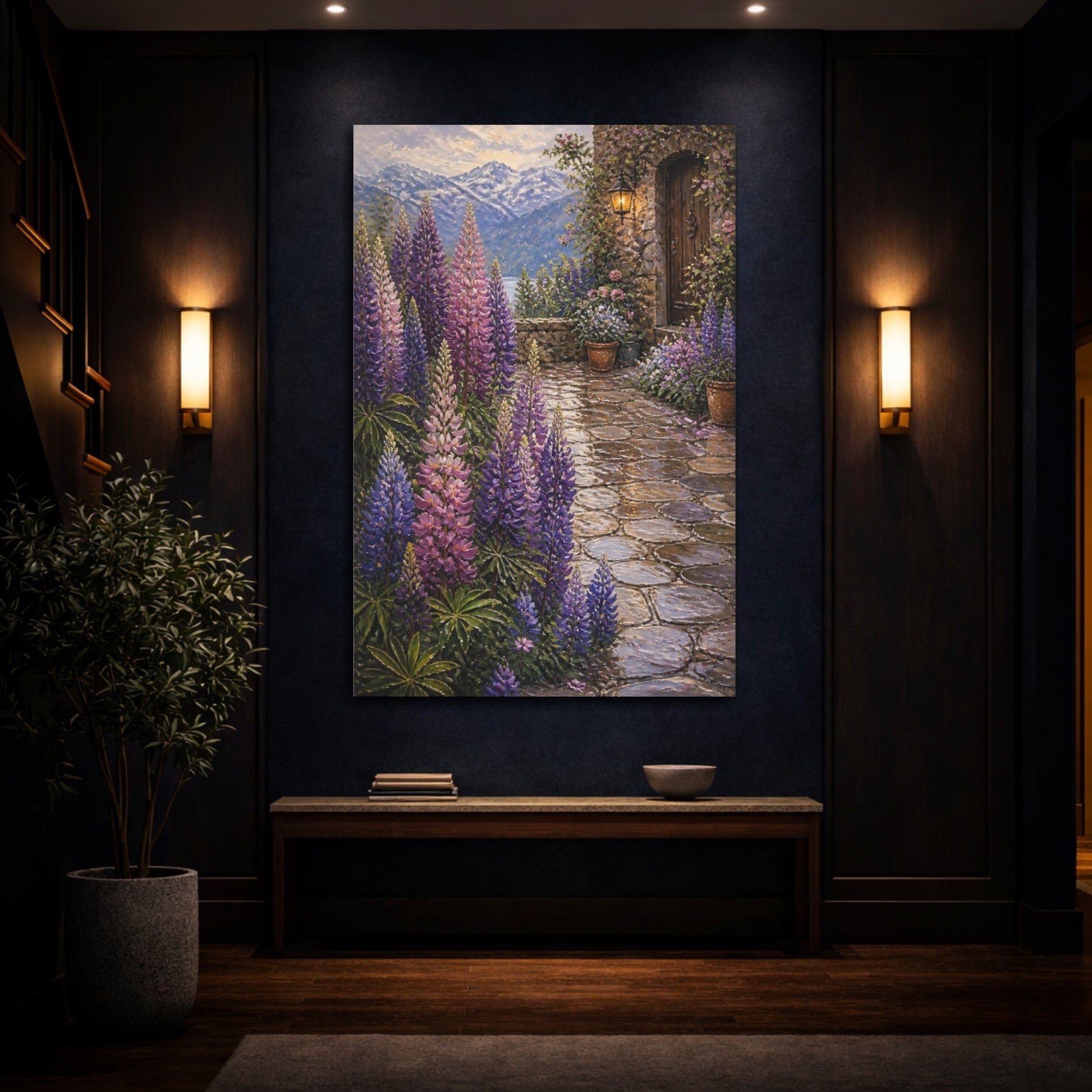 Mockup 4. Lupine Flowers Courtyard shown as canvas print