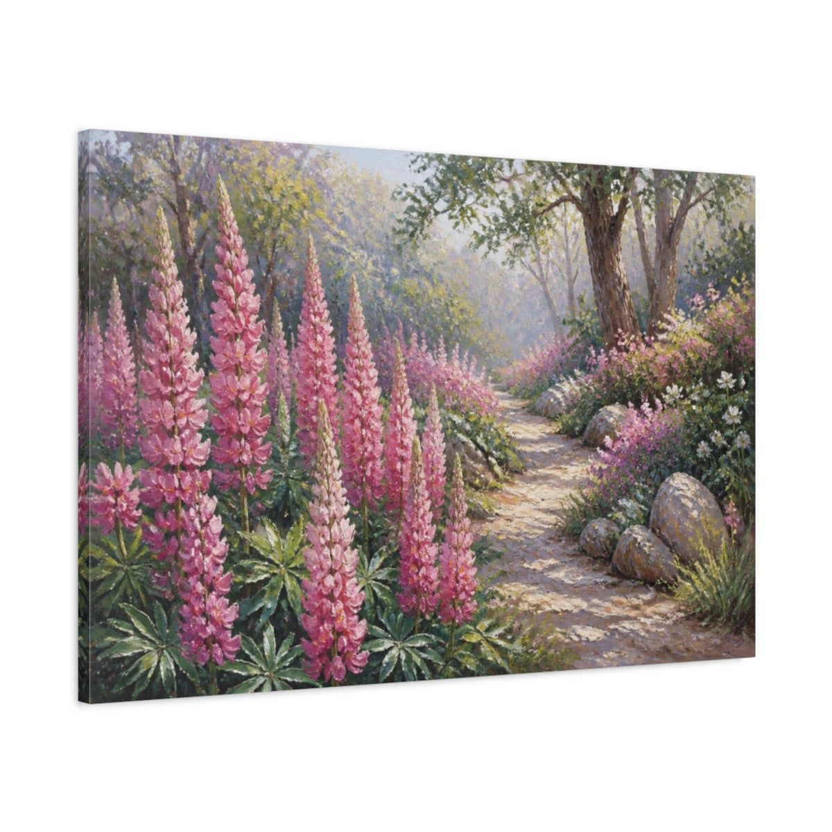 Main Mockup. Lupine Flowers Garden Path shown as canvas print