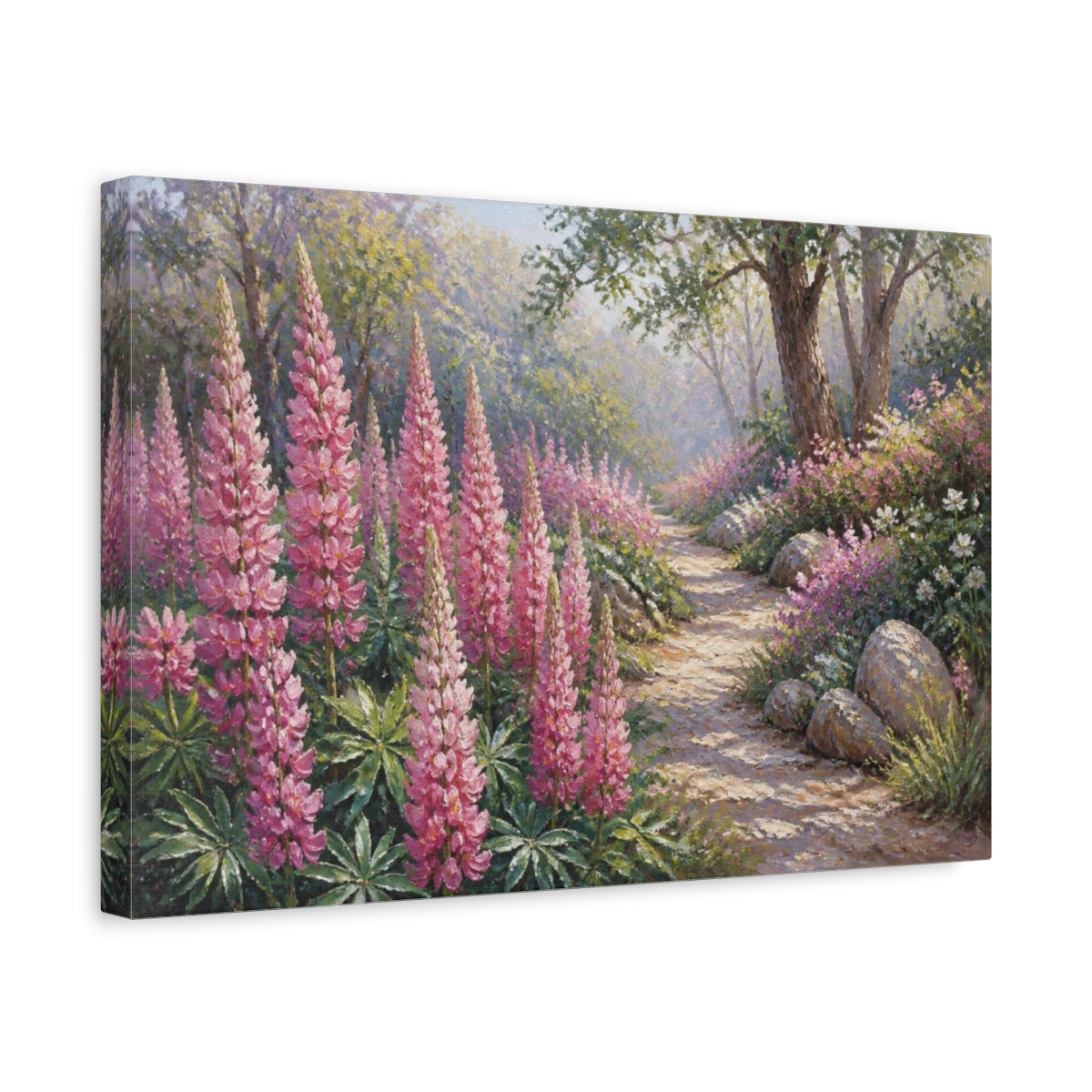 Side Mockup 4. Lupine Flowers Garden Path shown as canvas print