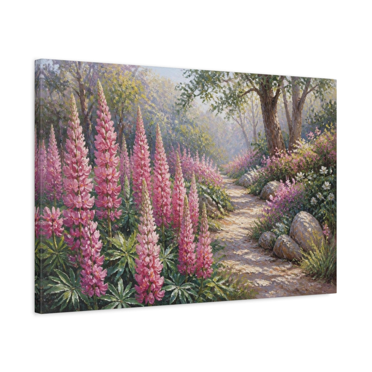 Side Mockup 2. Lupine Flowers Garden Path shown as canvas print