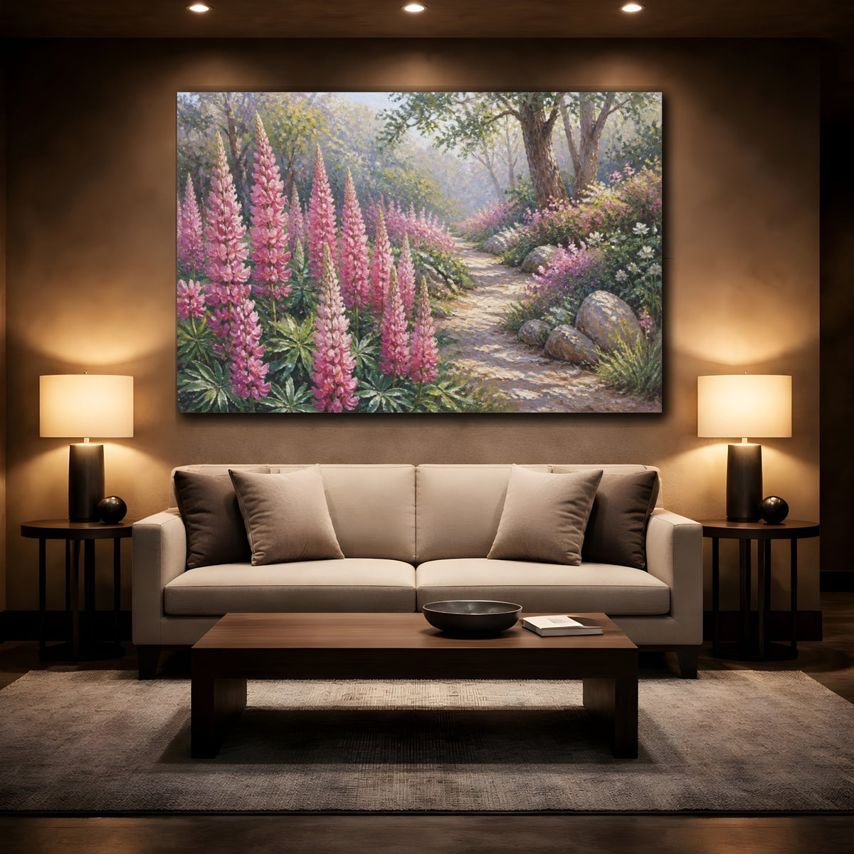 Mockup 2. Lupine Flowers Garden Path shown as canvas print