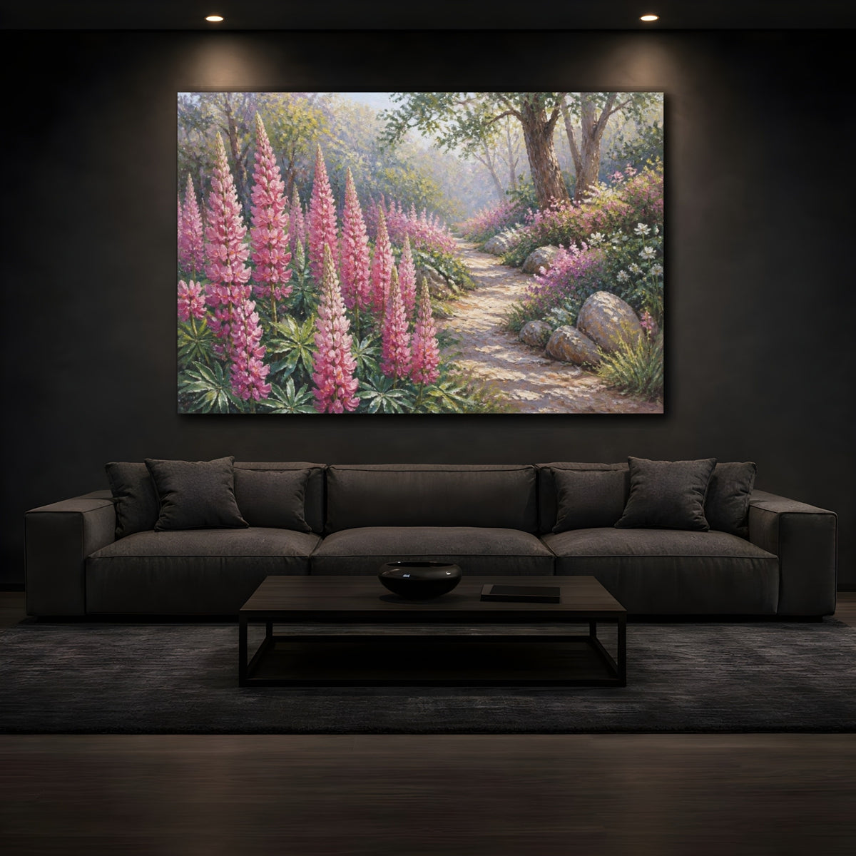 Mockup 3. Lupine Flowers Garden Path shown as canvas print