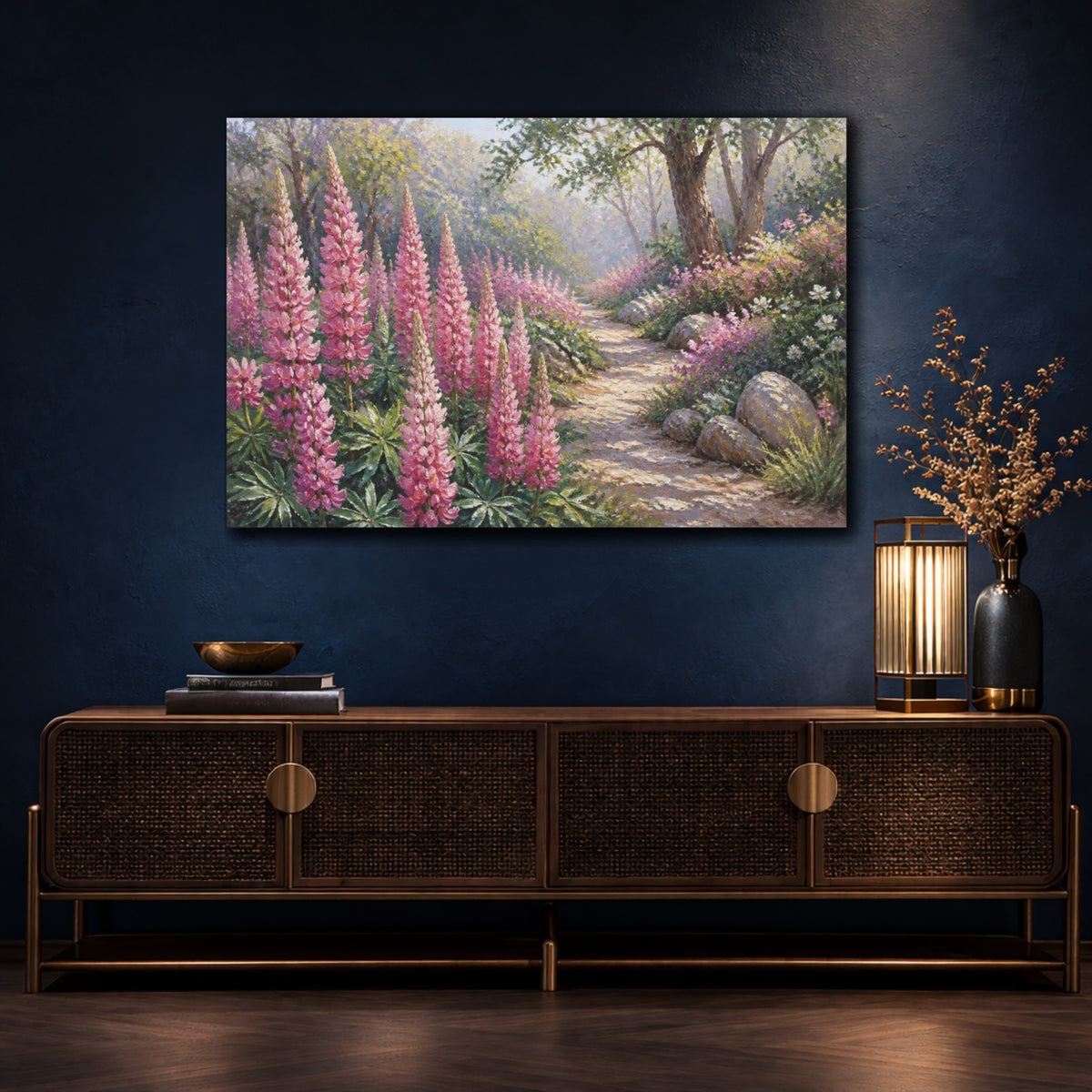 Mockup 4. Lupine Flowers Garden Path shown as canvas print