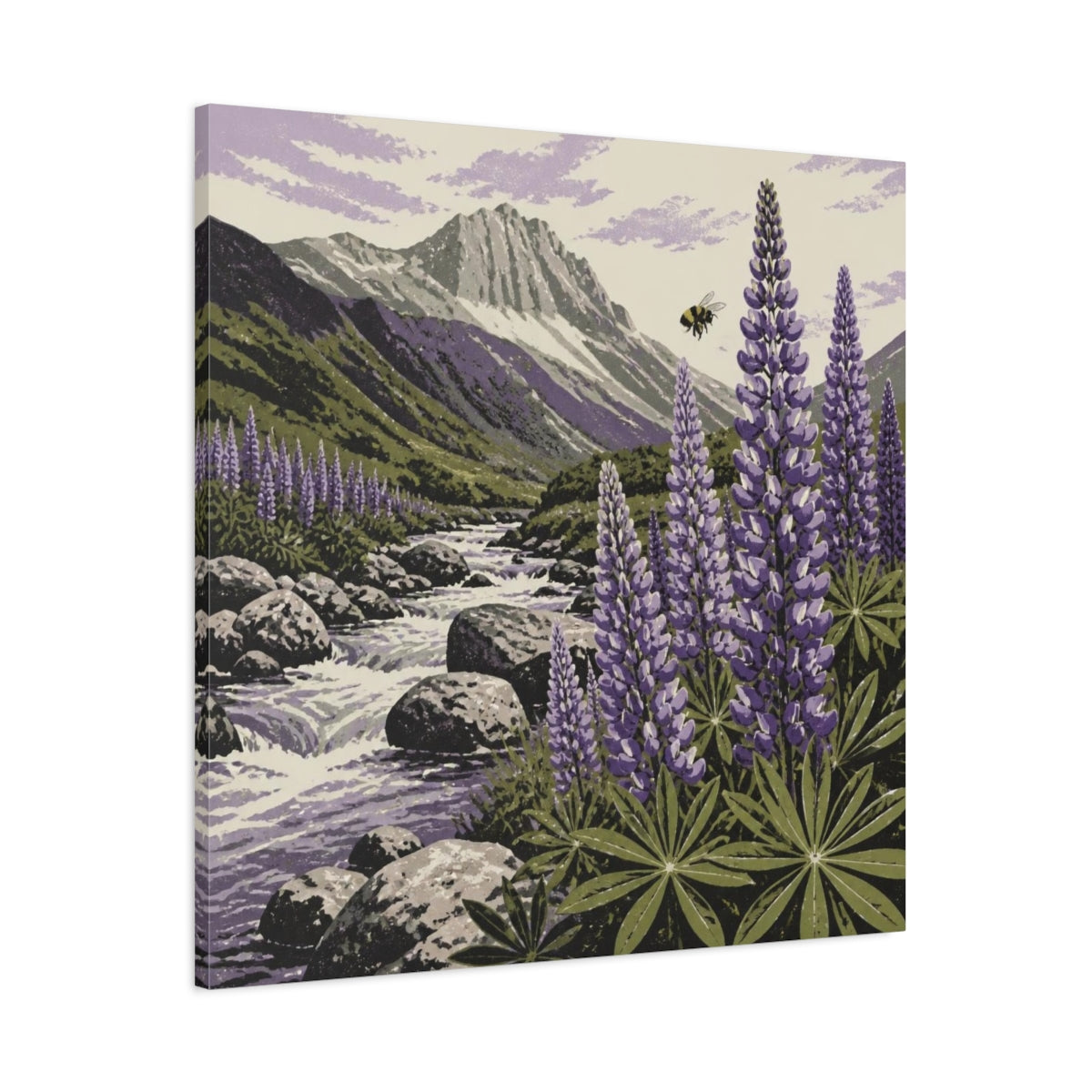 Main Mockup. Lupine Stream Nature shown as canvas print