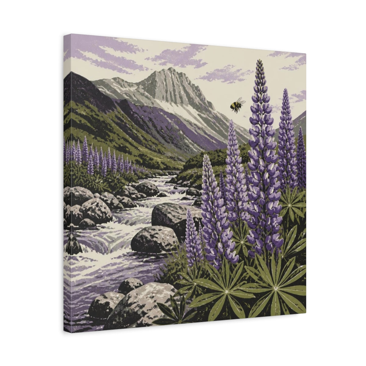 Side Mockup 5. Lupine Stream Nature shown as canvas print