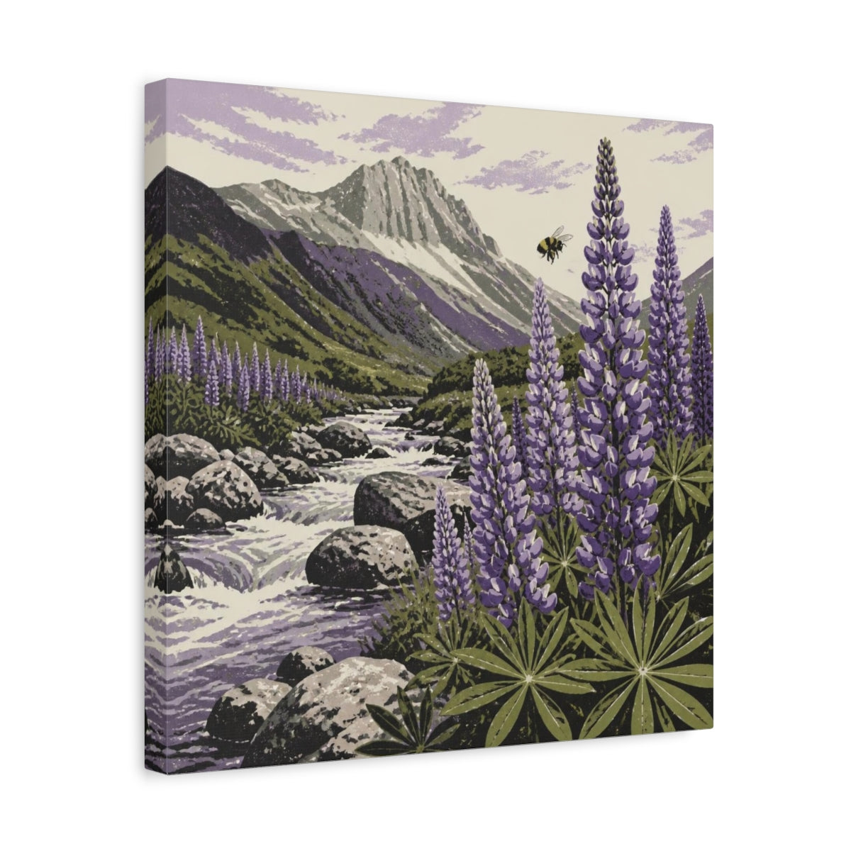 Side Mockup 6. Lupine Stream Nature shown as canvas print