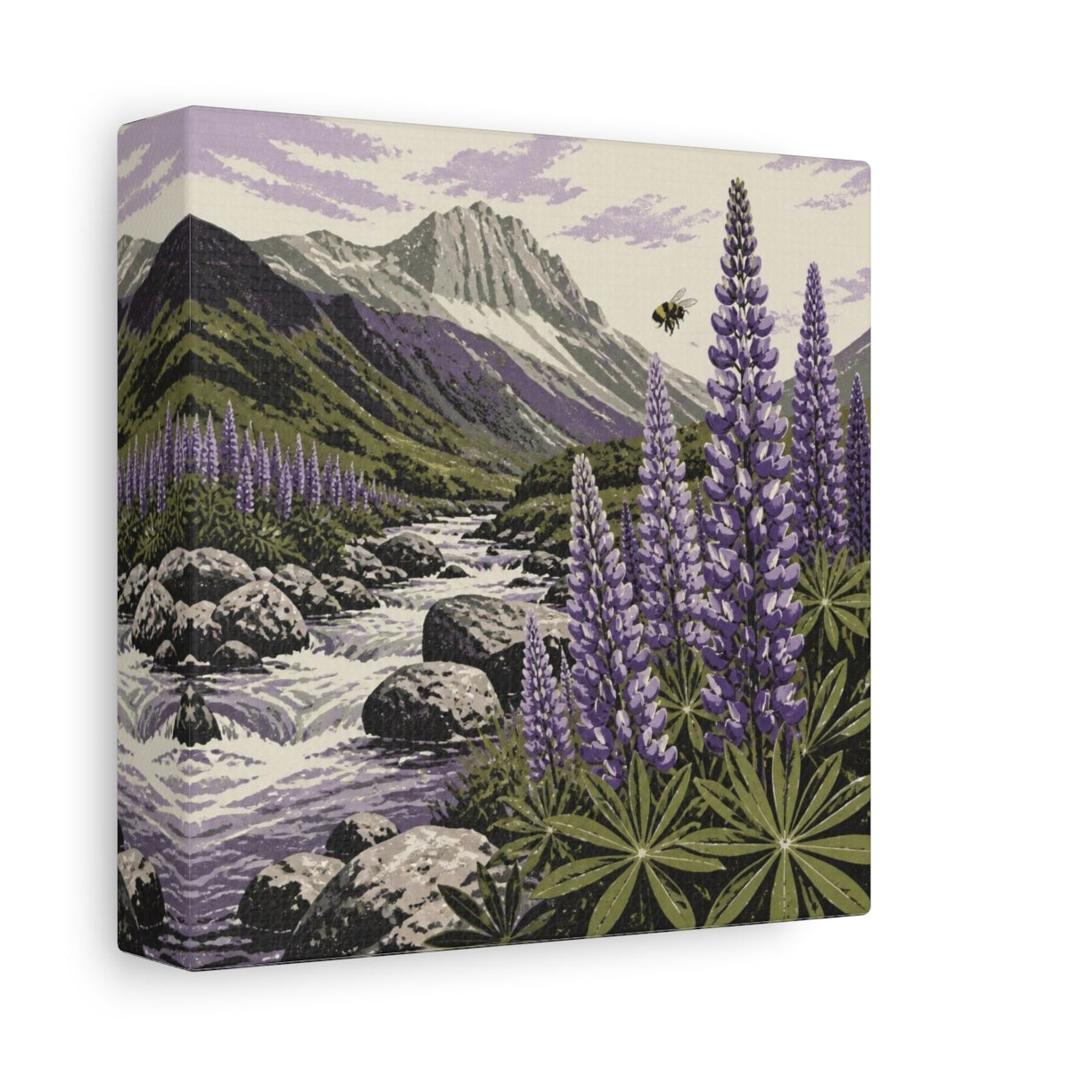 Side Mockup 2. Lupine Stream Nature shown as canvas print