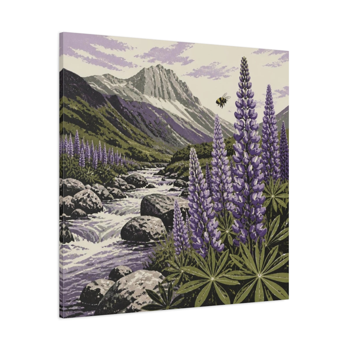 Side Mockup 1. Lupine Stream Nature shown as canvas print