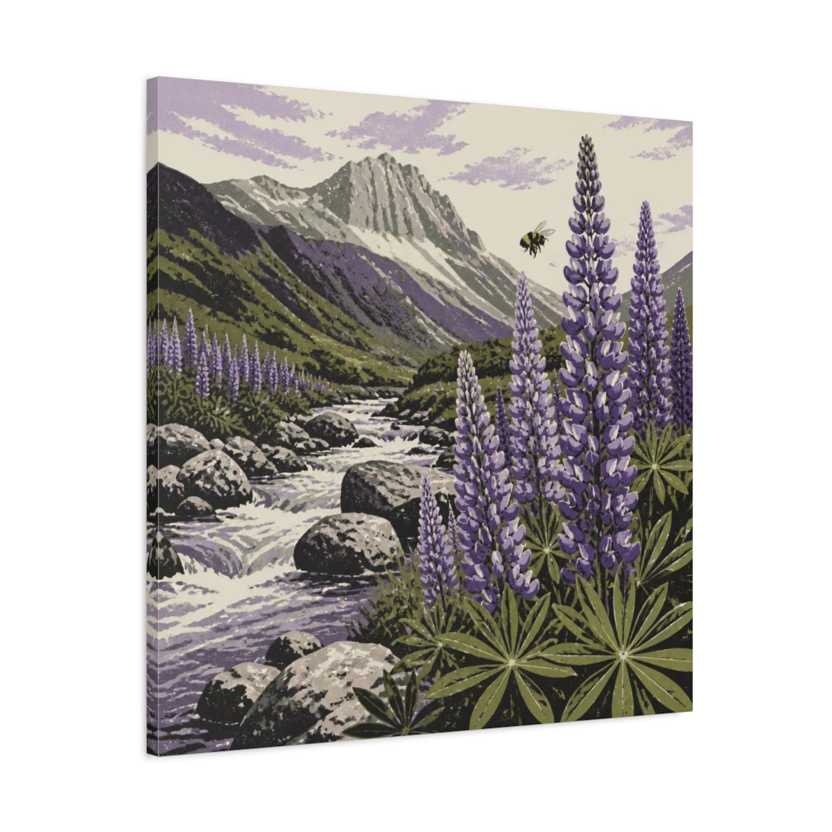 Side Mockup 3. Lupine Stream Nature shown as canvas print