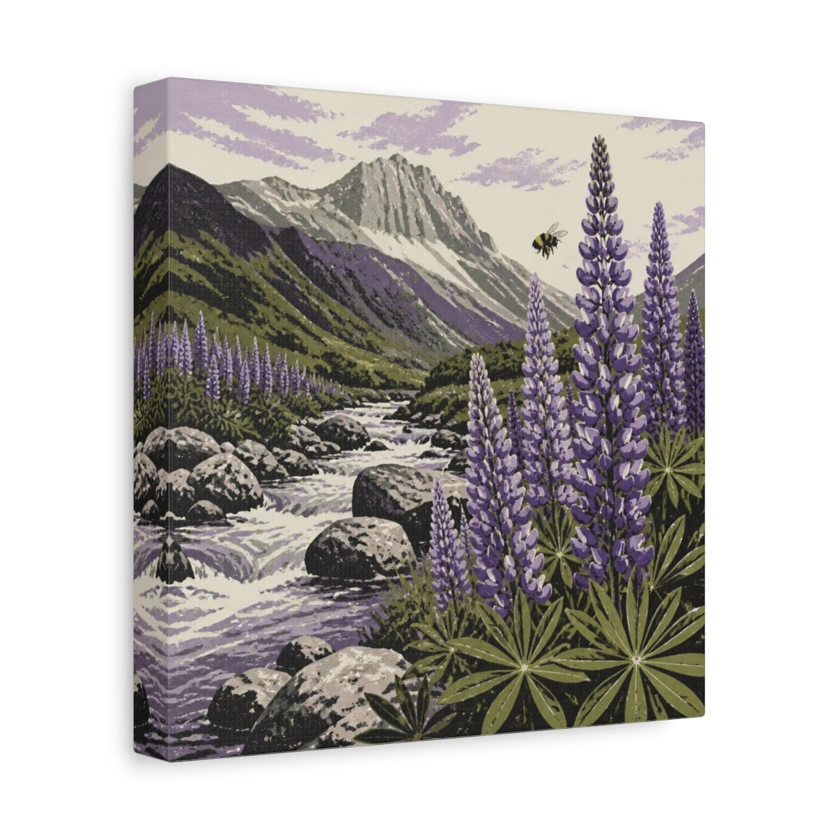 Side Mockup 9. Lupine Stream Nature shown as canvas print