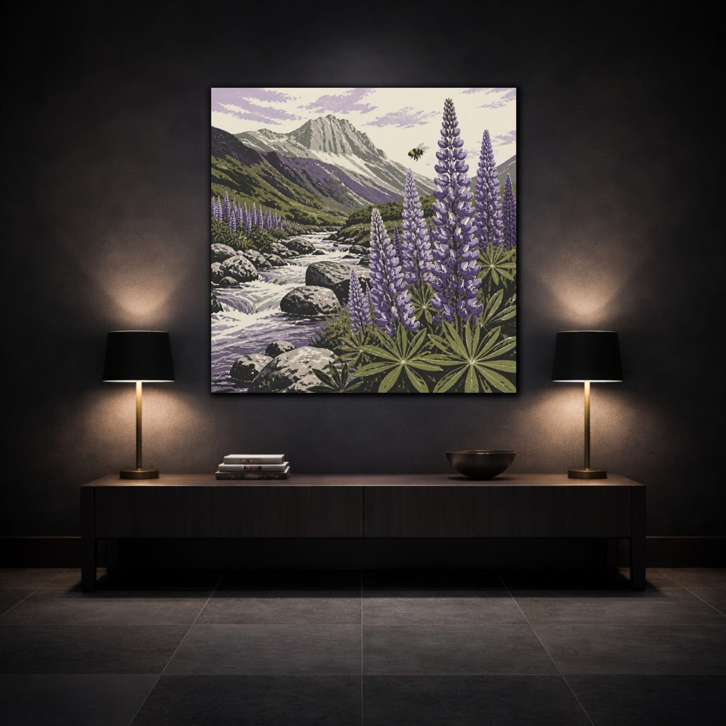 Mockup 3. Lupine Stream Nature shown as canvas print