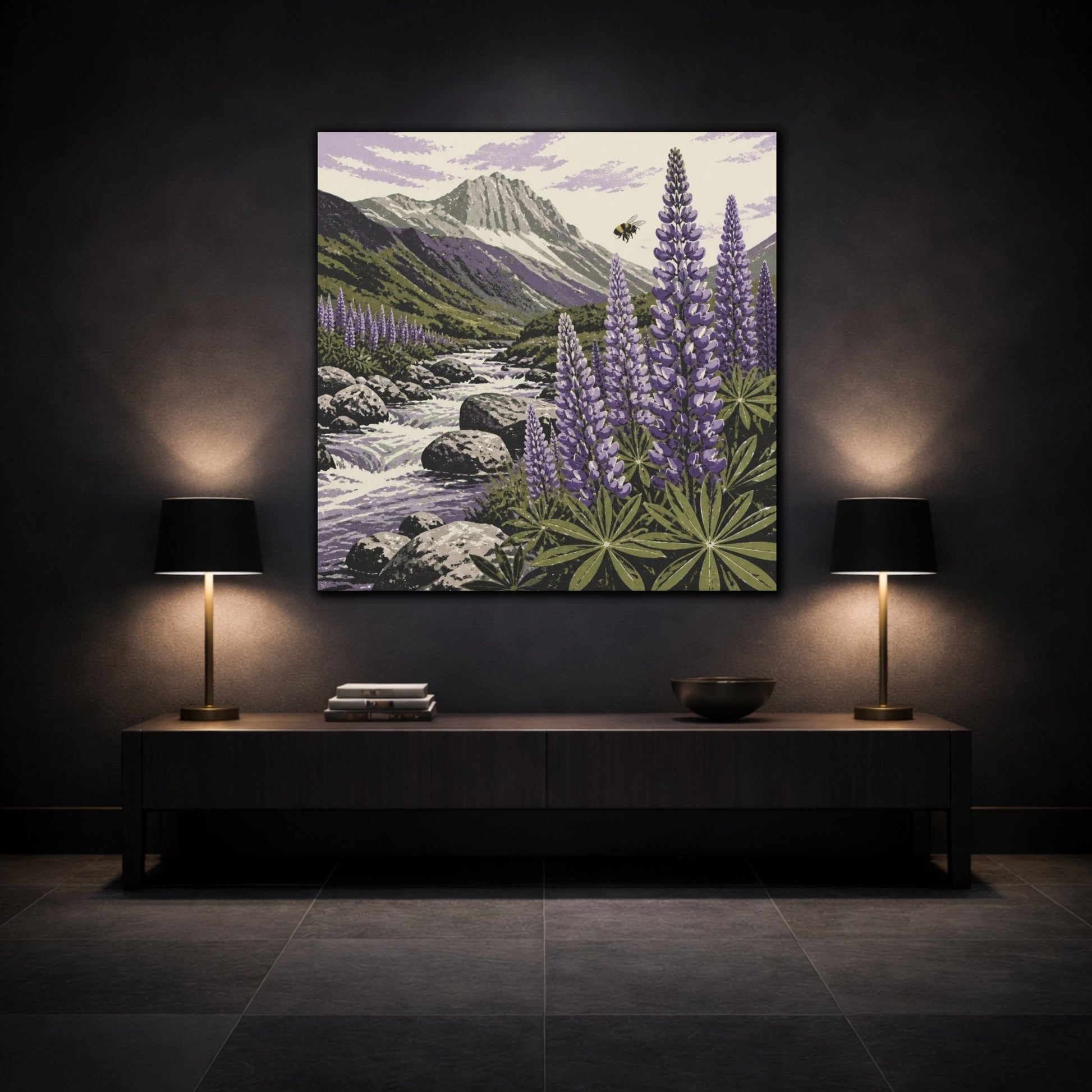 Mockup 3. Lupine Stream Nature shown as canvas print