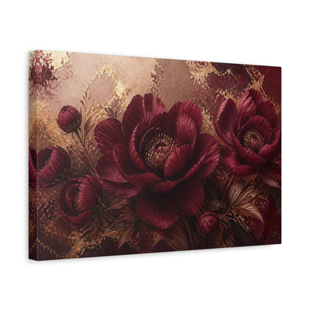 Side Mockup 4. Luxe Burgundy Peony shown as canvas print