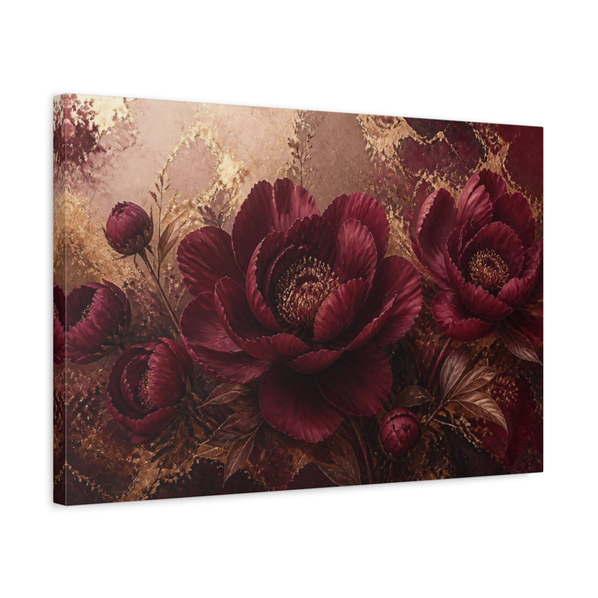 Side Mockup 3. Luxe Burgundy Peony shown as canvas print