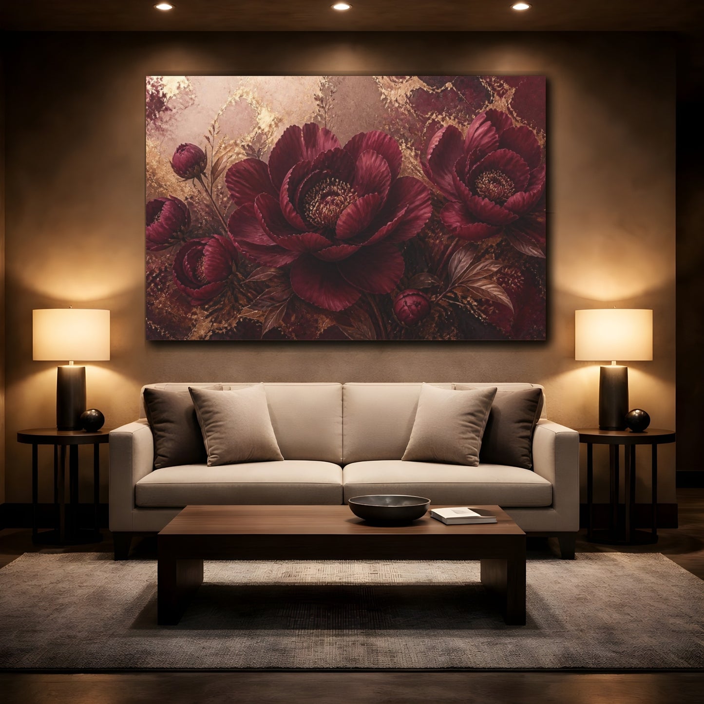 Mockup 2. Luxe Burgundy Peony shown as canvas print
