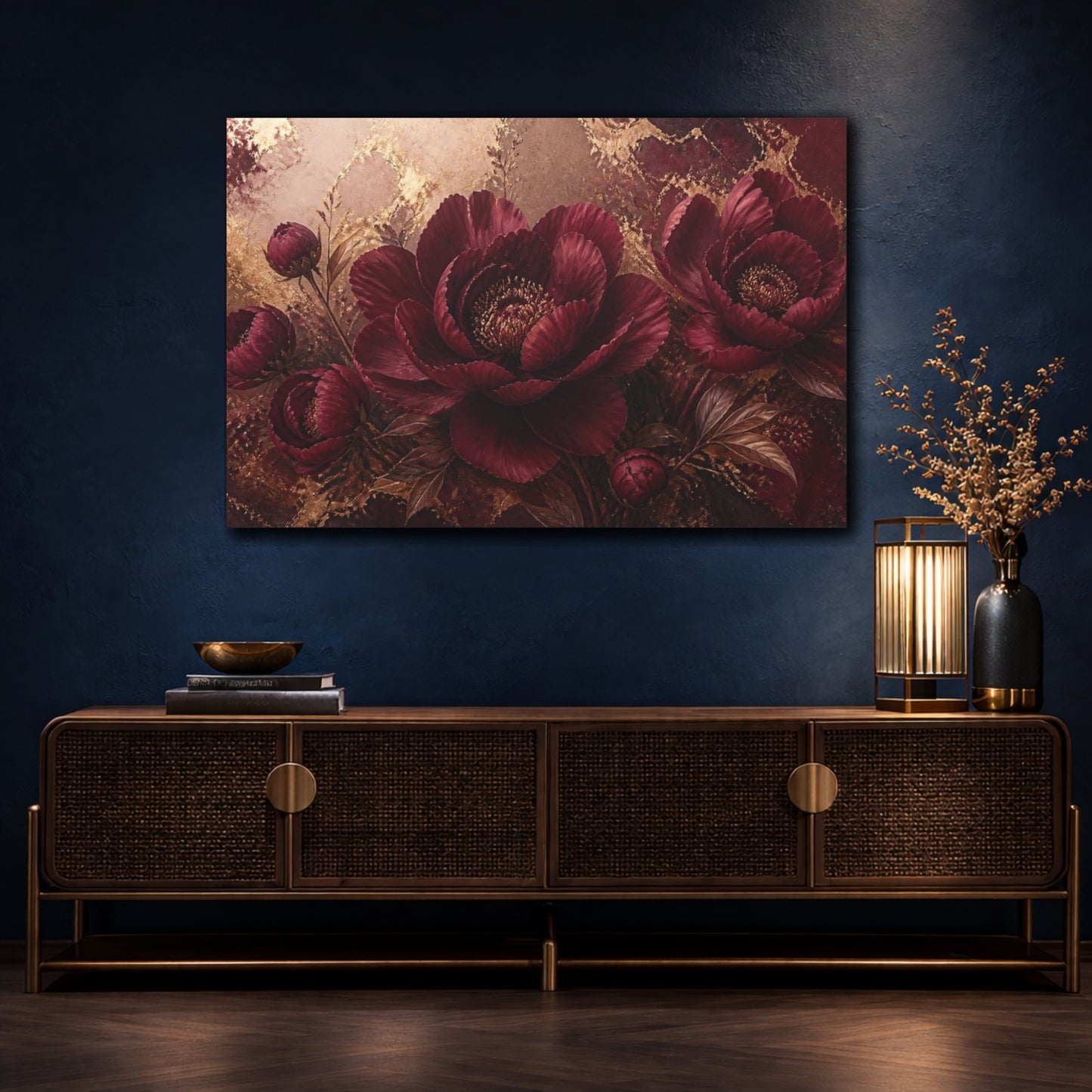 Mockup 4. Luxe Burgundy Peony shown as canvas print