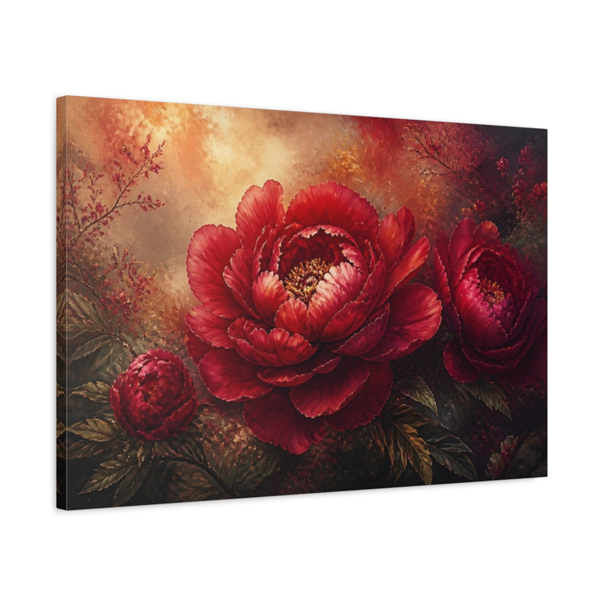 Side Mockup 2. Luxe Crimson Peony shown as canvas print
