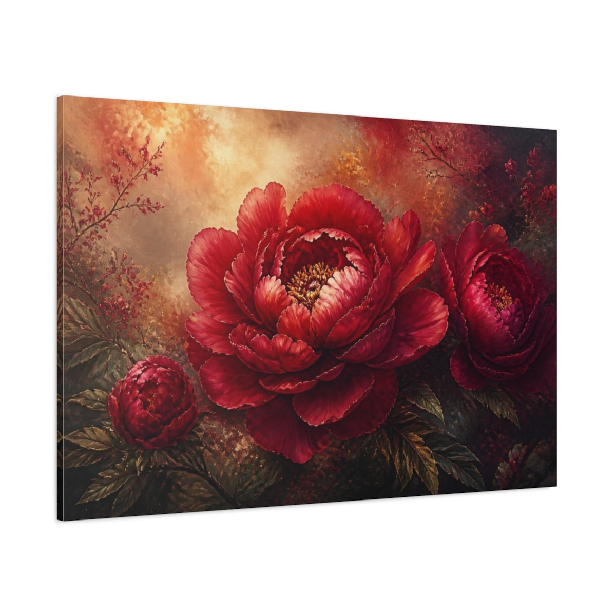 Side Mockup 1. Luxe Crimson Peony shown as canvas print