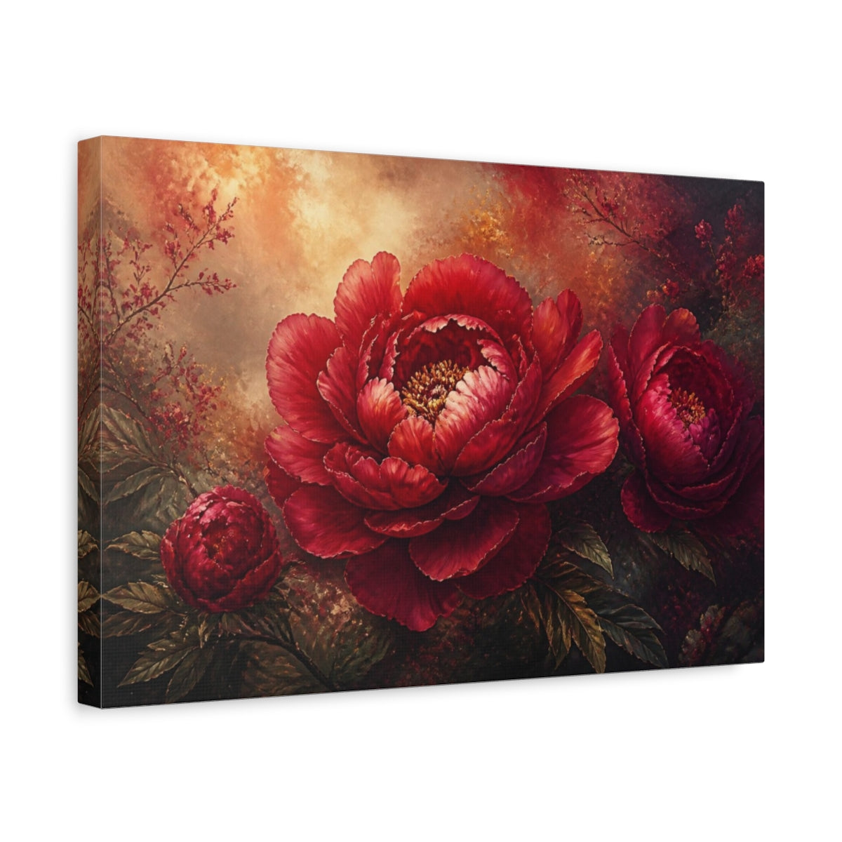 Side Mockup 4. Luxe Crimson Peony shown as canvas print