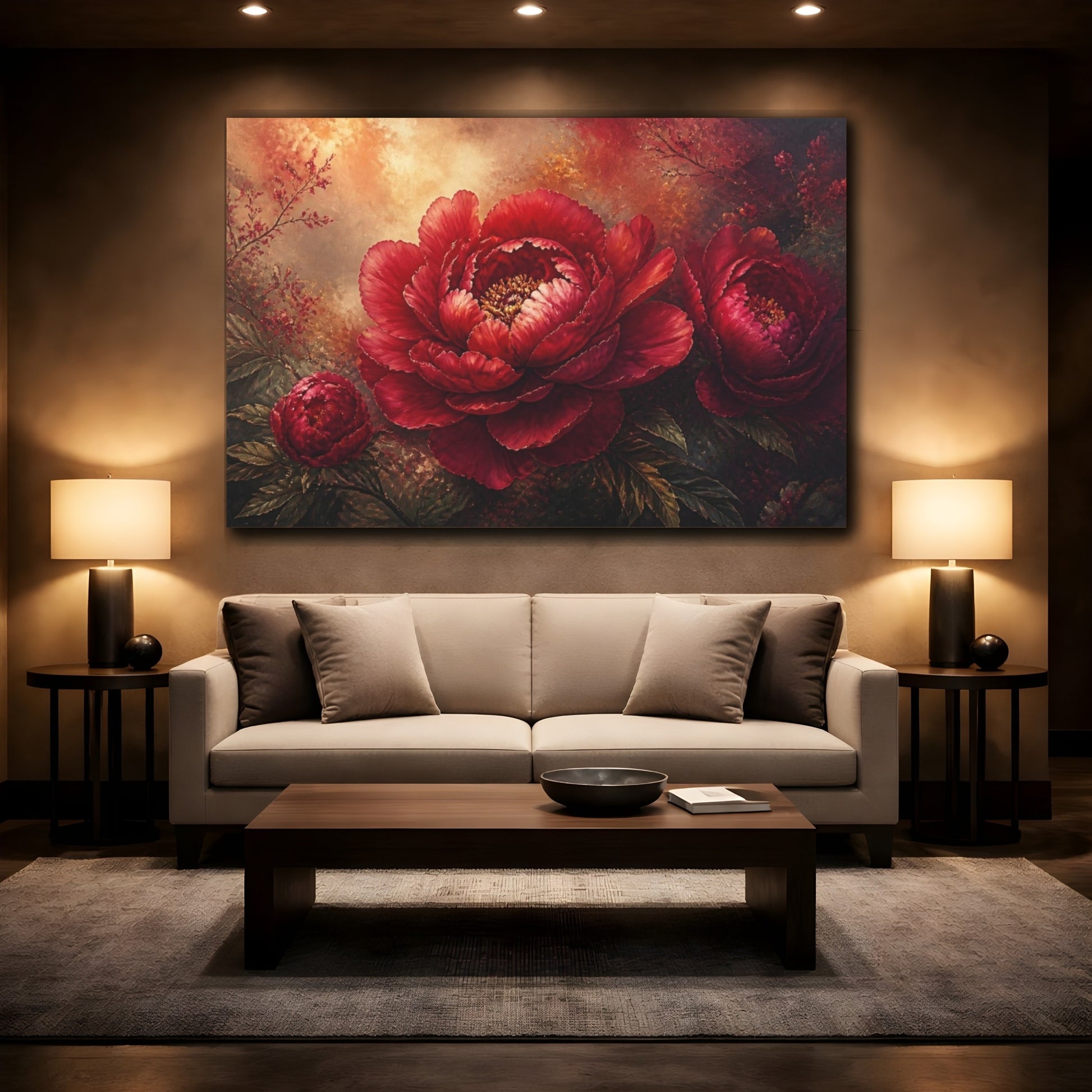 Mockup 2. Luxe Crimson Peony shown as canvas print