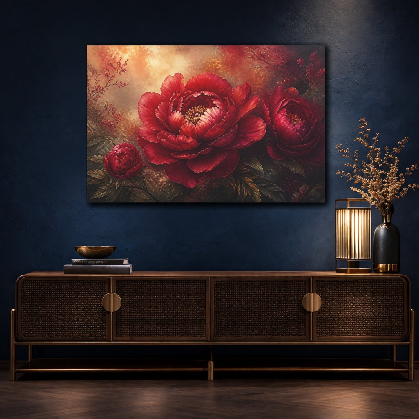 Mockup 4. Luxe Crimson Peony shown as canvas print