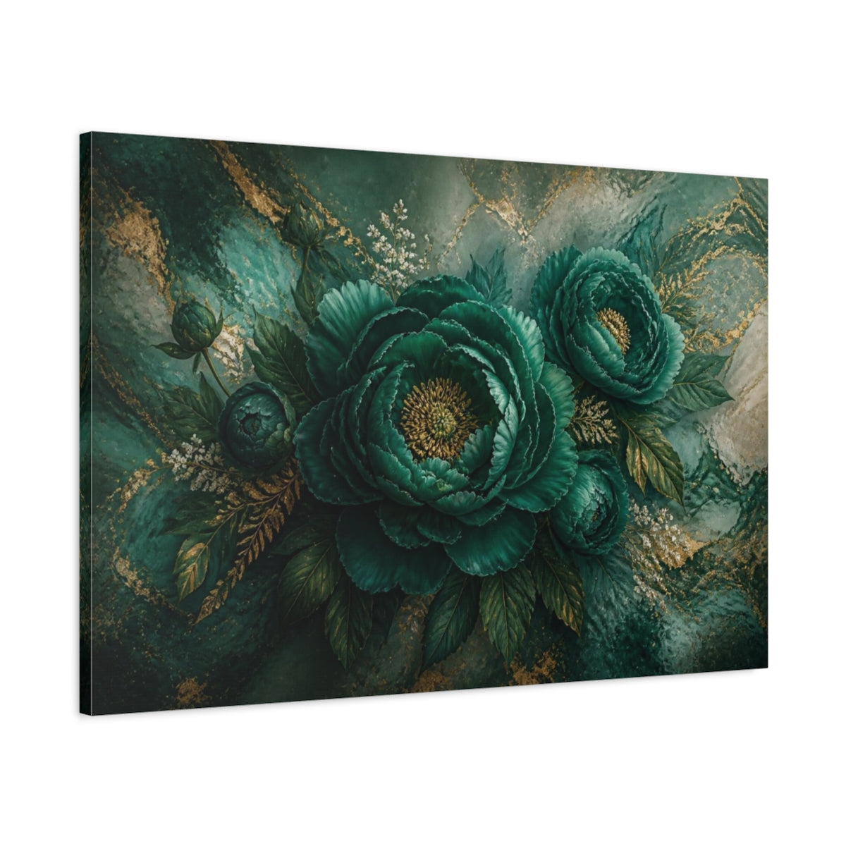 Main Mockup. Luxe Emerald Bloom shown as canvas print