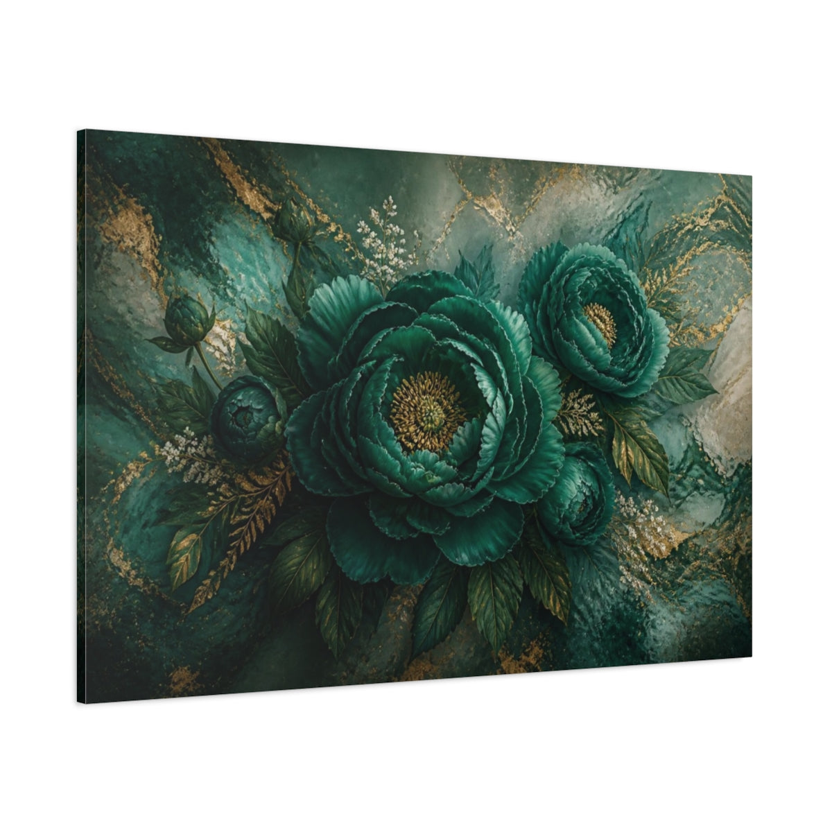 Side Mockup 1. Luxe Emerald Bloom shown as canvas print