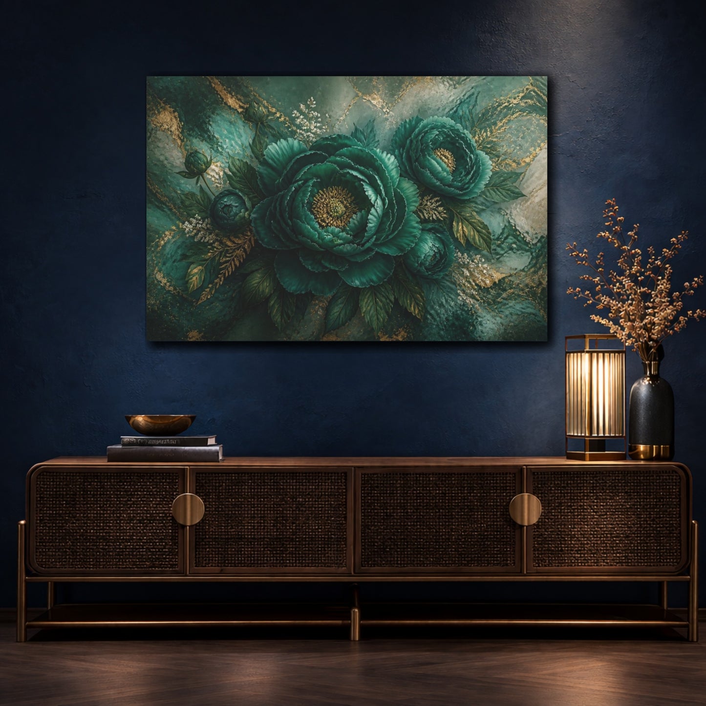 Mockup 4. Luxe Emerald Bloom shown as canvas print