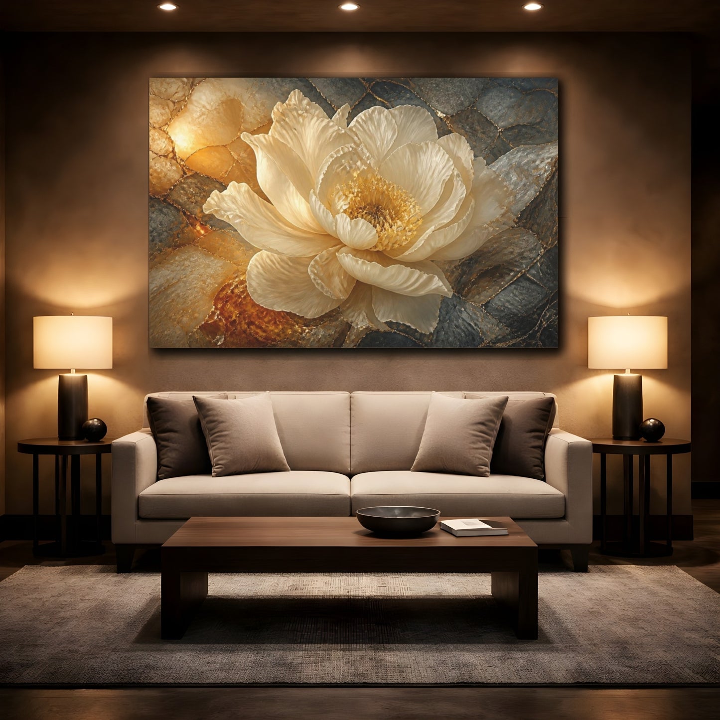 Mockup 2. Luxe Gold Peony shown as canvas print