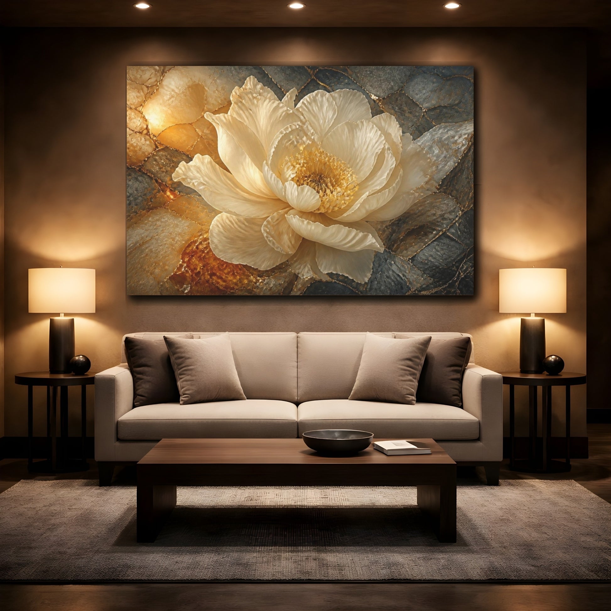 Mockup 2. Luxe Gold Peony shown as canvas print